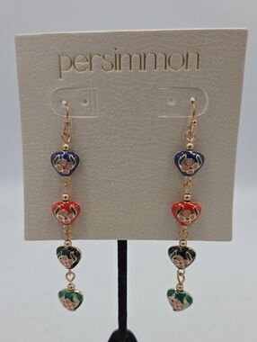 Persimmon Multicolor Floral Enamel  Heart Drop Earrings